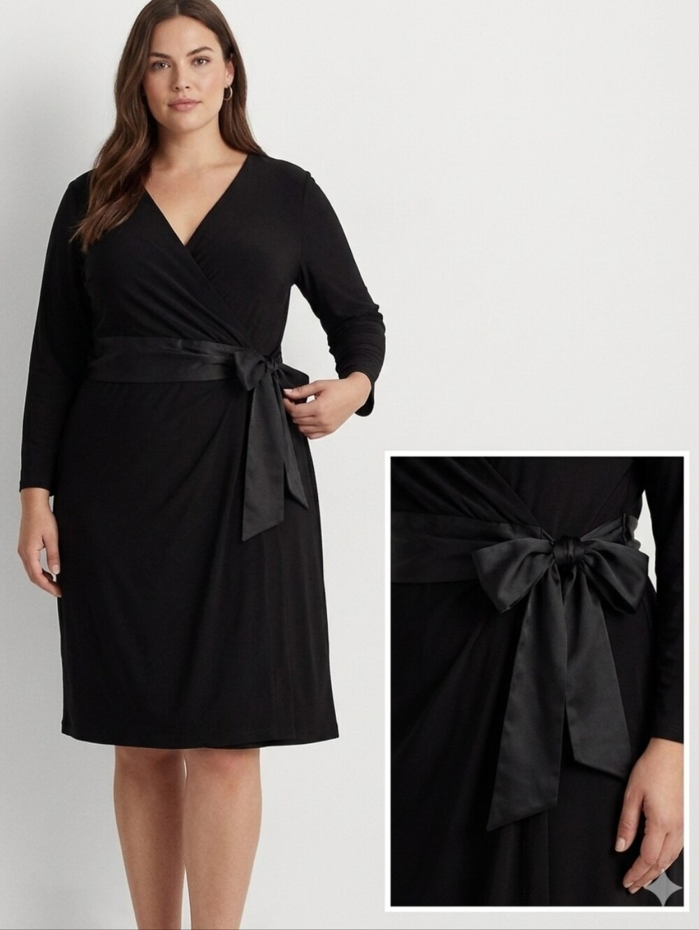 Lauren Ralph Lauren Black Faux Wrap Dress with Satin Tie Accent,  NWT, Size 16
